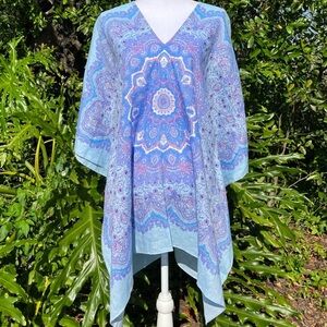 J. MCLAUGHLIN Redondo Linen Poncho Blue Purple Block Print Caftan Small